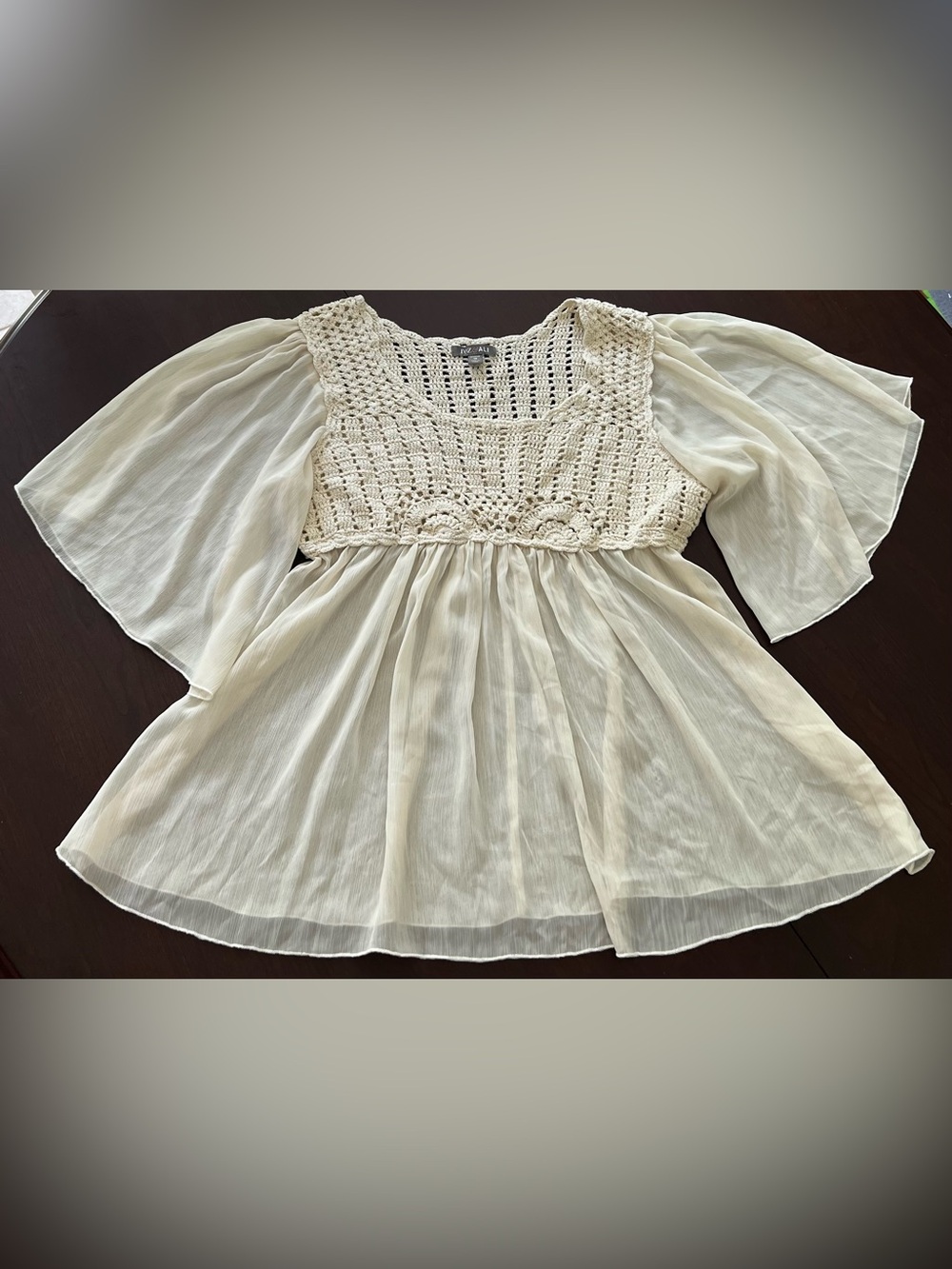 Roz & Ali Ivory Crochet Boho Peasant Blouse Bell Sleeve Babydoll Top Plus‎ 1X